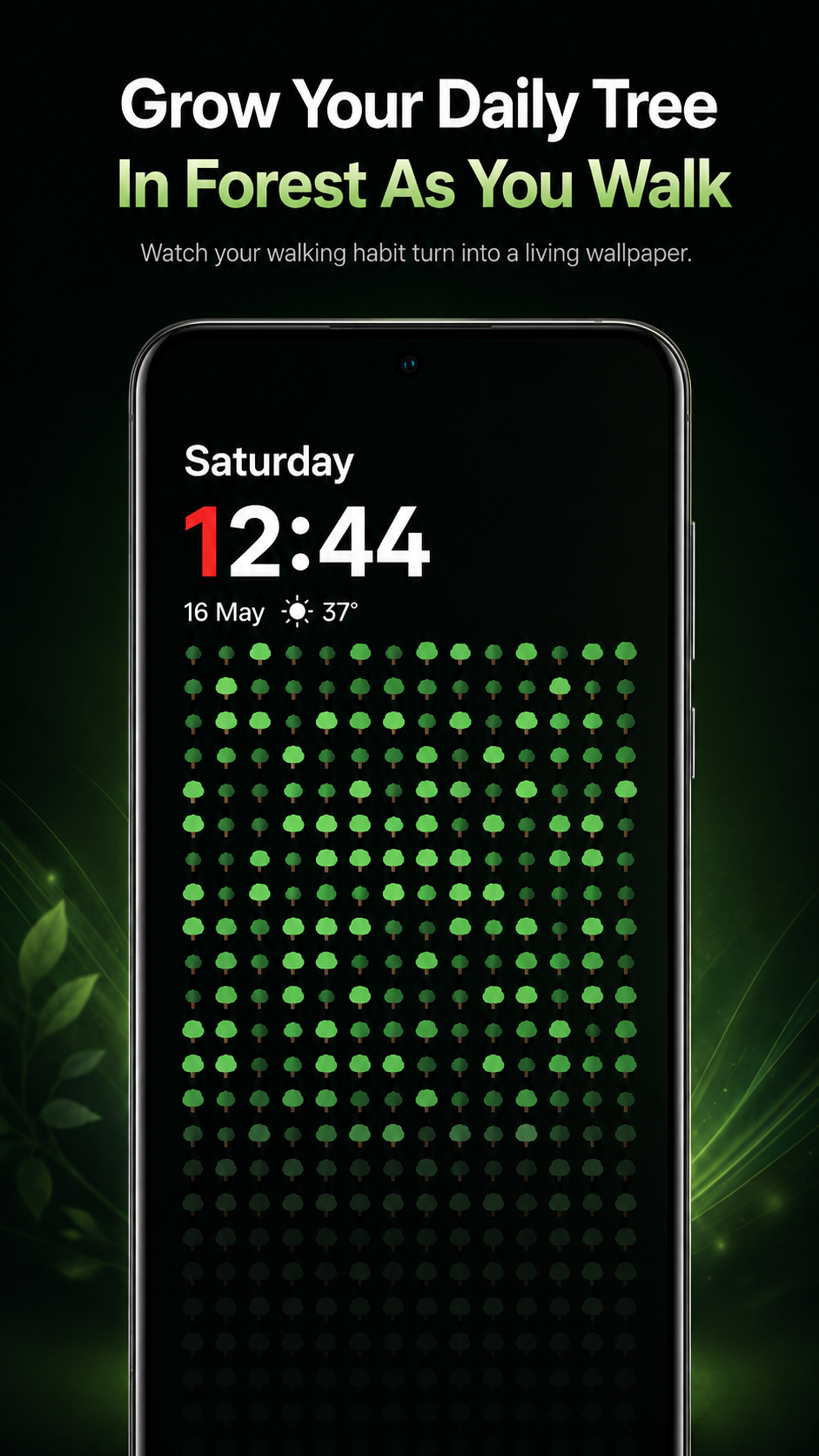 Forest-style Step Heatmap wallpaper that grows a daily tree pattern